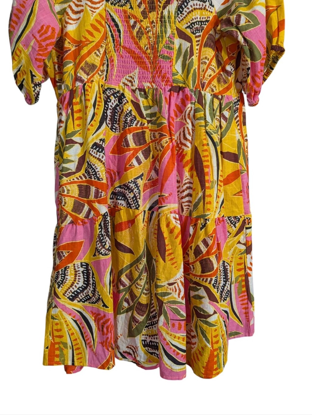 Mille Gabrielle Tropical Print Tiered Cotton Dress | 1X | Puff Sleeve Vacation - Picture 8 of 11